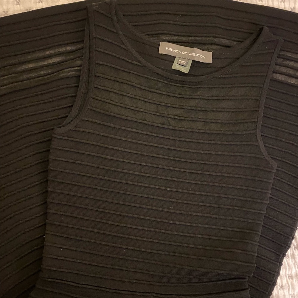 French Connection Black fit and flare striped and sheer knee length dress